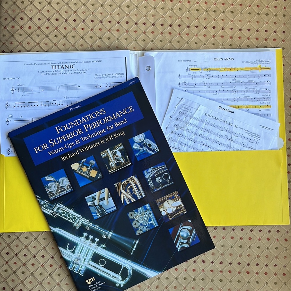 Trumpet music book for warmups and many pieces of music.